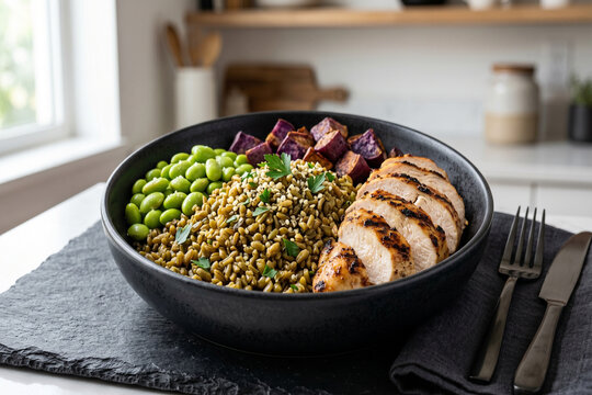 Healthy fitness bowl with grilled chicken breast, edamame beans, and freekeh on black slate