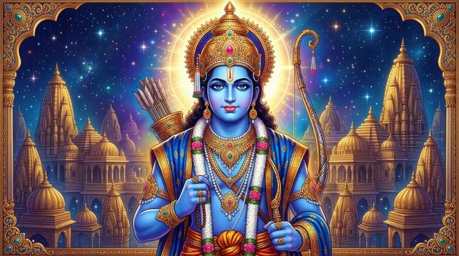 Lord rama with bow and arrows in divine ayodhya celestial background