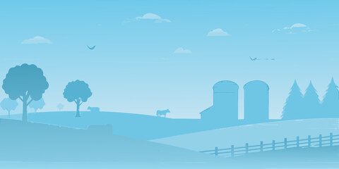 monochromatic farm landscape with silhouetted trees and grain silos © Tithi