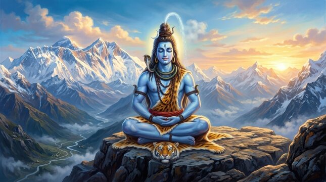 Lord shiva in deep meditation on mount kailash at sunrise
