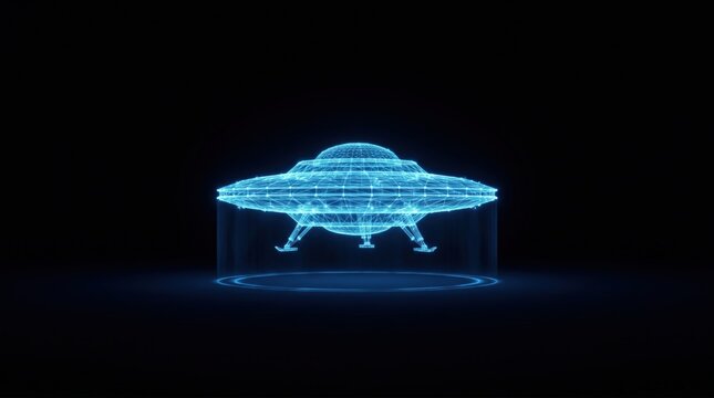 Holographic UFO Flying Saucer Displaying Advanced Alien Technology and Futuristic Design.