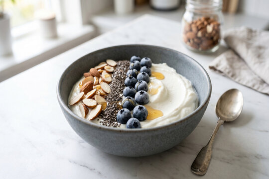 Creamy skyr yogurt bowl topped with blueberries, almonds, chia seeds, and honey for a fitness diet
