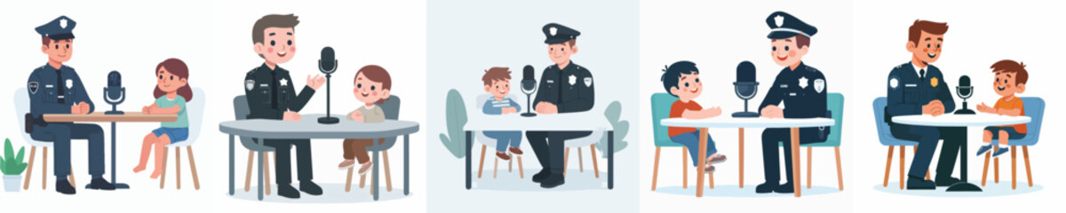 Fototapeta premium Police vector is doing a podcast with a small child