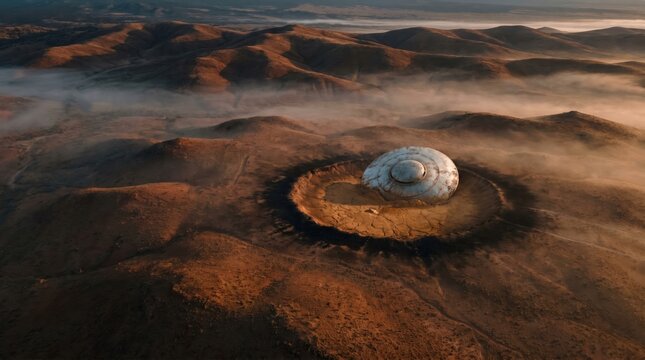 Mysterious Alien Spaceship Landing Site in a Misty Desert Landscape at Dawn.