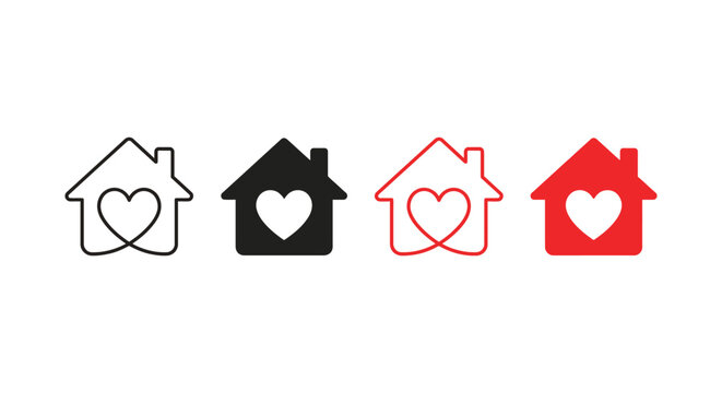 House with heart icon set representing home, love, and belonging in outline, solid, and colored styles