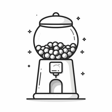 A black and white line art illustration of a vintage gumball machine.