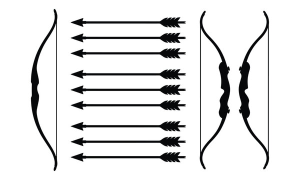 Archery Bow and Arrows Silhouette Set on White Background