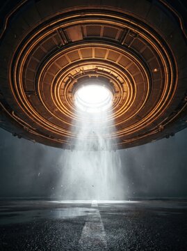 Mysterious UFO hovering with bright light beam illuminating the ground at night.