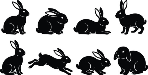 Obraz premium Rabbit silhouettes set with multiple bunny poses including sitting running and lop ear isolated vector collection