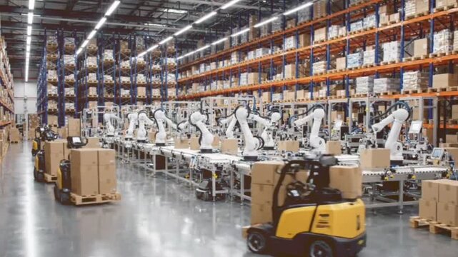 Automated warehouse system showing robotic arms working on production line with yellow forklifts carrying boxes through industrial distribution center.