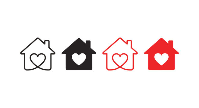 House with heart icon set representing home, love, and family in outline, solid, and colored styles