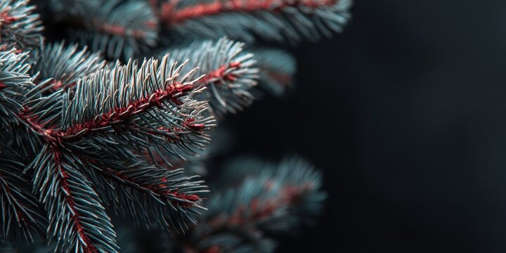 Close up of blue spruce pine needles with dark moody background