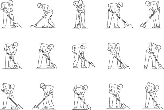 Line sequence actions of a person in a hard hat digging with a shovel, showing various poses in clean minimal line drawing style