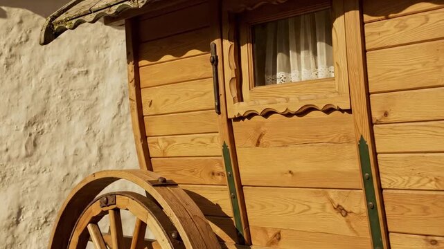 Sunlit wooden gypsy caravan wagon side detail with lace curtain window, large wheel, polished timber planks, rustic craftsmanship, vintage rural travel home against pale stone wall and warm clear sky