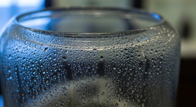Close-up of a Glass of Cold Water with Condensation Droplets.
