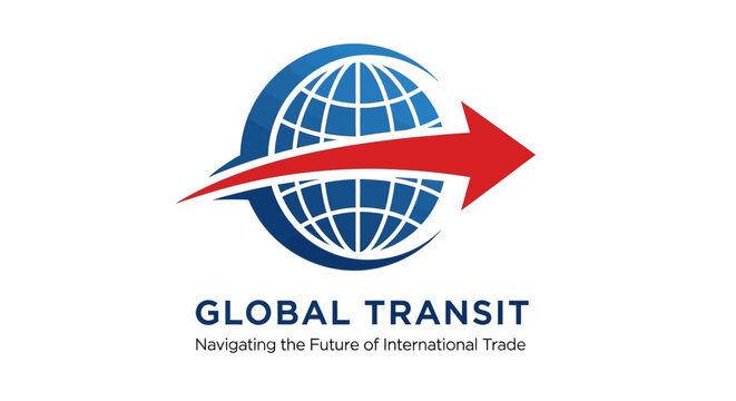 Global transit logo with globe and arrow.