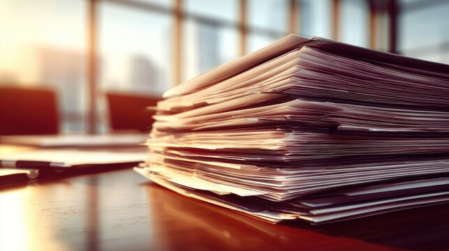 Tall stack of important documents rests on a polished wooden table near an office window during sunrise