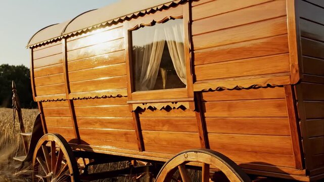 Honey toned gypsy caravan wagon side view in golden field with lace curtain, polished wooden panels, arched roof, old wheels, warm rural travel shelter and vintage nomadic ambience at late afternoon