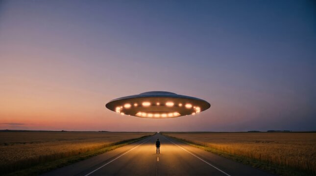 UFO hovering over a lonely road at sunset with a person standing below.