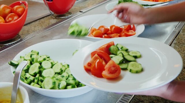Woman serving fresh sliced tomatoes and cucumbers into a plate at a buffet table, then pouring a dressing over them, footage.