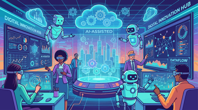 Smart cloud computing city infrastructure banner showing automated robots assisting business people with data systems