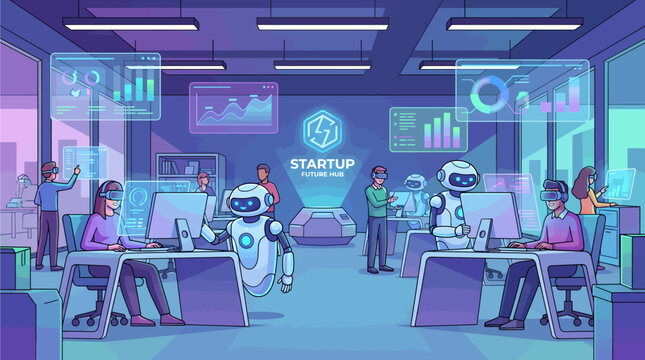 Startup tech innovation incubator with corporate developers working alongside intelligent automated companion robots