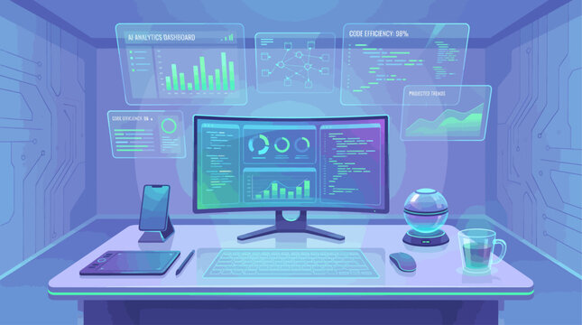High tech developer workstation layout featuring large curved computer monitor showing programming code and line charts