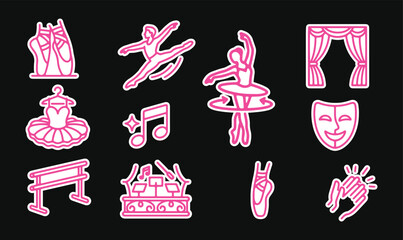 Ballet performance and music icons on black background with music note ballet slippers flat design © Star_Pixels11