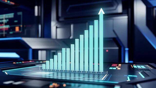 Futuristic digital graph with glowing bars and ascending arrow showing rapid growth and progress in technology