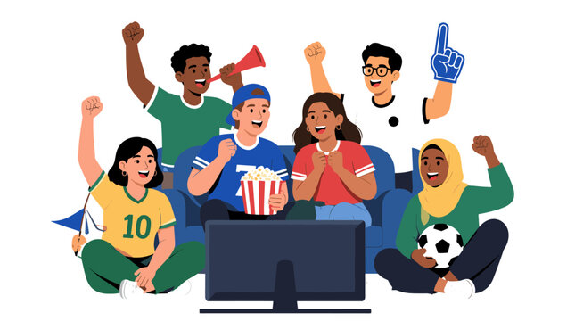 Cheering Diverse Sports Fans Watching Live Broadcast.