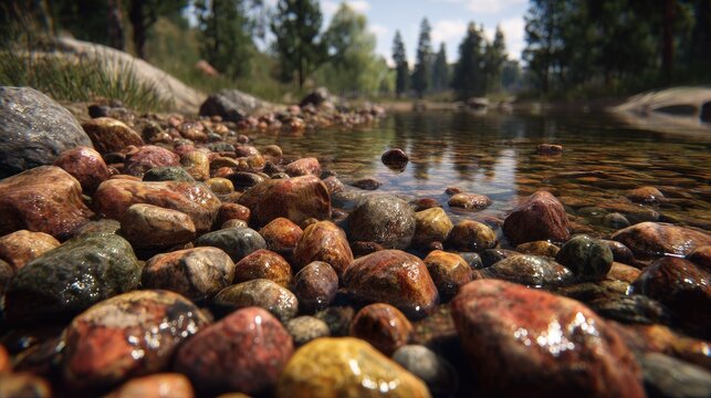 Smooth river stones line the shallow edge of a gently flowing stream surrounded by woodland.