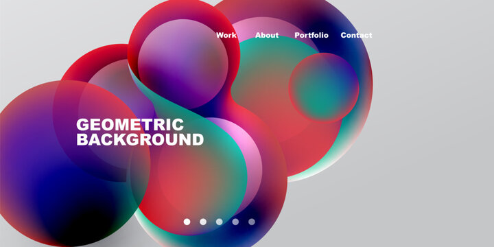 Abstract vibrant circles overlap, creating dynamic geometric background. Text labels present work, about, portfolio, contact options.