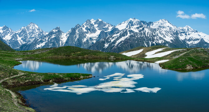 The alpine grassland scenery of the Caucasus Mountains in Georgia
