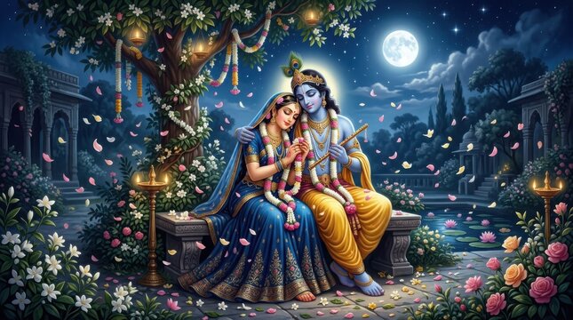 Lord krishna and radha sitting together under a tree on a full moon night