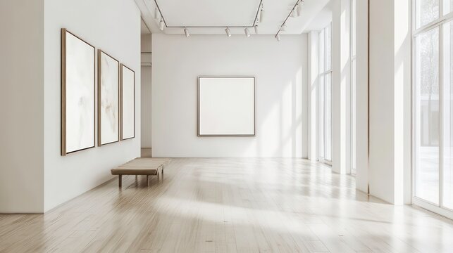 Modern gallery interior with large windows and sunlight, two artworks on the wall, and a wooden bench.