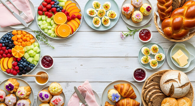 Brunch Spread of Delight: A beautifully arranged assortment of fresh fruits, pastries, and Easter treats creates a delightful brunch spread, promising a joyous and delicious gathering.