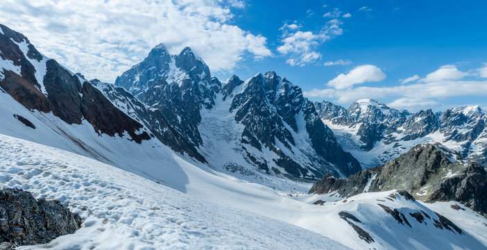 The alpine grassland scenery of the Caucasus Mountains in Georgia
