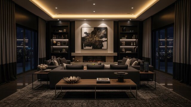 Modern luxury living room with dark wood paneling and ambient lighting