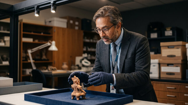 A scholarly curator, wearing gloves, carefully examines a small ancient artifact in a museum archive, surrounded by shelves filled with historical objects and research materials.