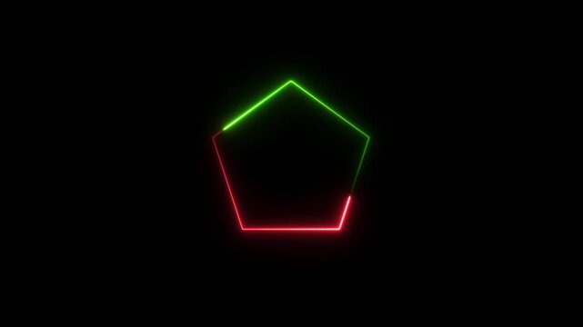 Abstract glowing geometric cube with neon green and red edges rotating in dark space