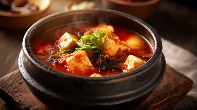 Korean food doenjang jjigae soybean paste stew Korean cuisine tofu vegetable hearty soup bubbling pot rustic style minimal background warm lighting
