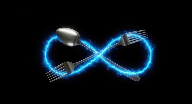 S&iacute;mbolo do infinito em talheres com energia azul el&eacute;trica sobre fundo preto
