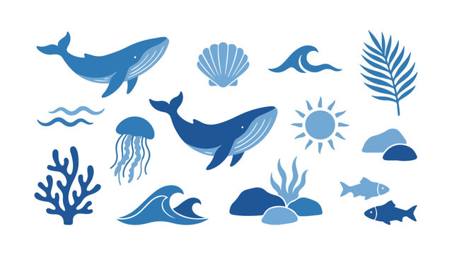 Set of cute blue whales jellyfish coral reef shells and ocean waves hand drawn vector elements for summer beach designs and marine life nautical decoration projects