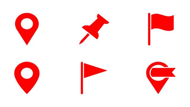 Set of red location pins and flags icons for navigation and map marking