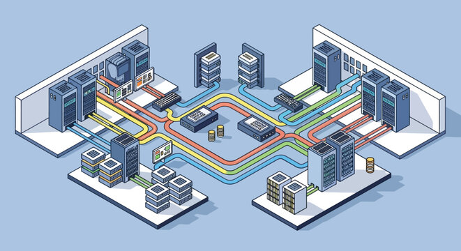 Isometric illustration of a data center network infrastructure.