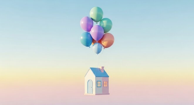 Casa com bal&otilde;es flutuando no c&eacute;u contra um fundo abstrato com gradiente.