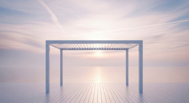 Conceito de design de moldura arquitet&ocirc;nica minimalista contra um fundo de c&eacute;u em tons pastel suaves.