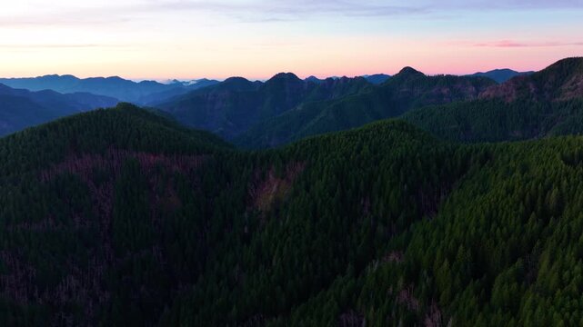 Drone Footage of Sunset Above Pacific Northwest Forest in Oregon