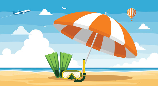 Tropical beach holiday illustration with a parasol snorkeling equipment flippers a hot air balloon and an airplane in the sky.