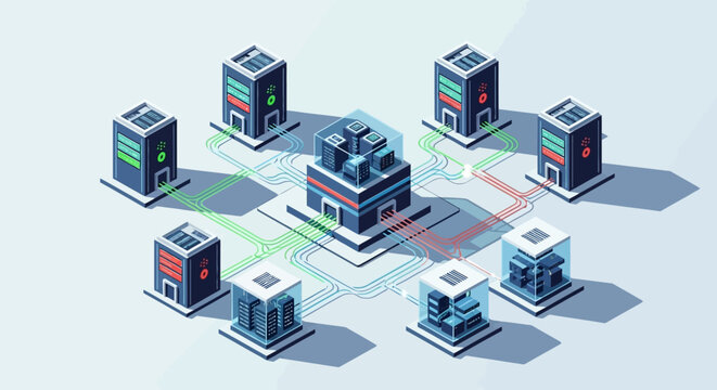 Isometric illustration of interconnected server and computer network.